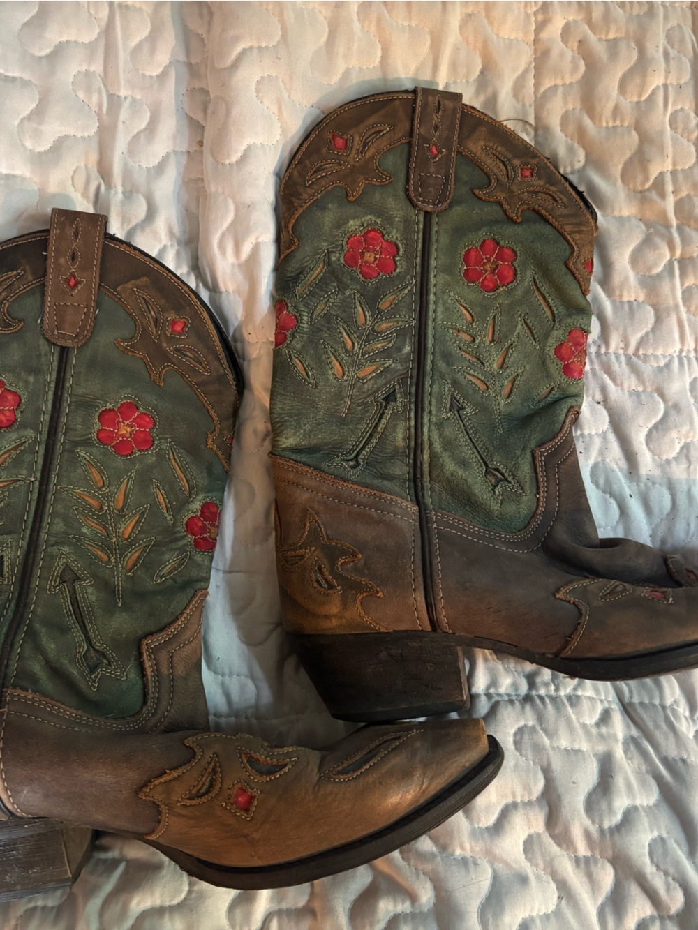 Laredo Brown and Green Western Heeled Boots with Red Floral Embroidery